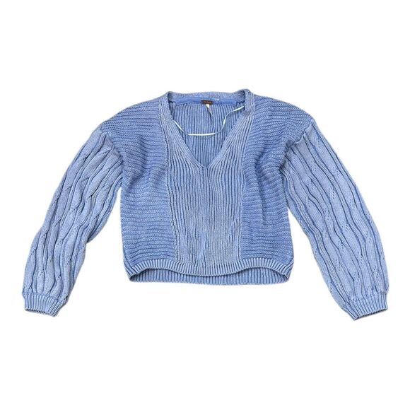 Free People Washed Blue Chunky Knit When it Rains Cropped Sweater XS - Picture 1 of 4